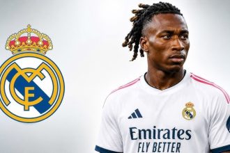 Yan Diomande wearing a Real Madrid jersey next to the Real Madrid club emblem on a light background.