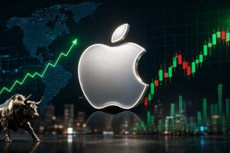 Apple logo displayed with rising stock market charts, a bull statue, and financial graphics representing Apple's market capitalization and stock performance.