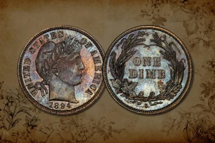 1894-S Barber dime showing the obverse and reverse designs.