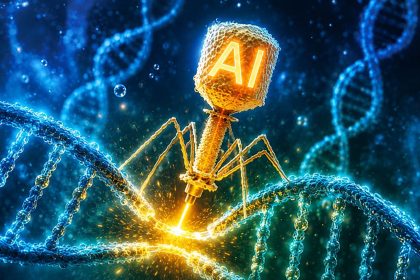 AI-designed bacteriophage interacting with a glowing DNA strand