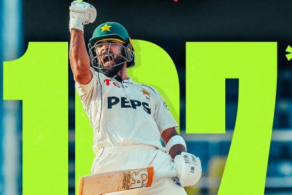 Pakistan batter Abdullah Shafique celebrates his unbeaten century during Day 3 of the second Test against the West Indies in Port of Spain. Image Credit: @lahoreqalandars / X