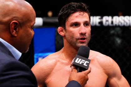 Brazilian UFC flyweight Allan Nascimento being interviewed inside the Octagon after a UFC fight. Image Credit: Getty Images