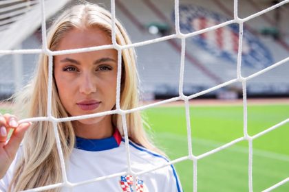 Ana Maria Marković, Croatian national team striker, behind a soccer goal net