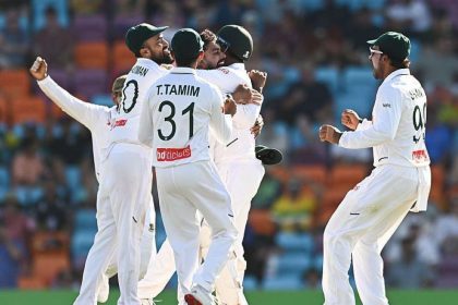 Bangladesh players celebrates after taking a wicket against Australia in Darwin