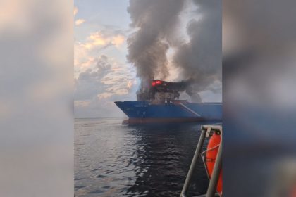 Turkish-owned civilian cargo ship on fire after a reported Black Sea drone attack near Russia's Novorossiysk port.