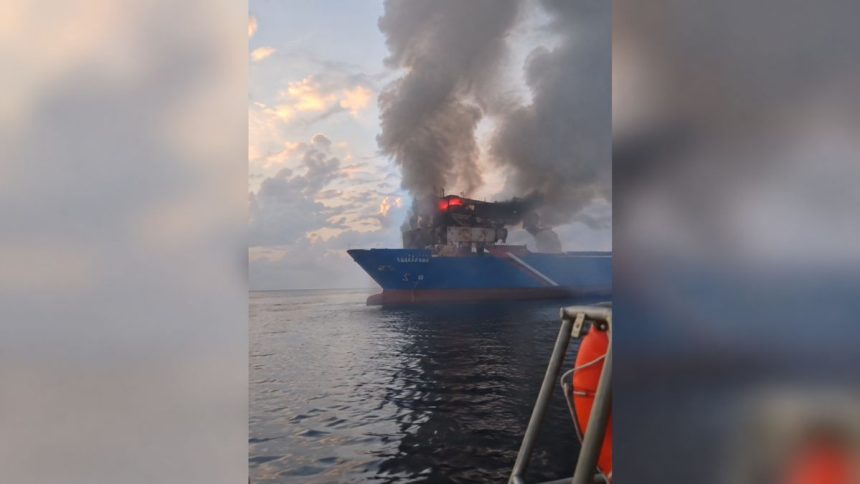Turkish-owned civilian cargo ship on fire after a reported Black Sea drone attack near Russia's Novorossiysk port.