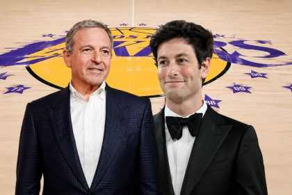 Collage image Bob Iger and Josh Kushner posing together on a basketball court.