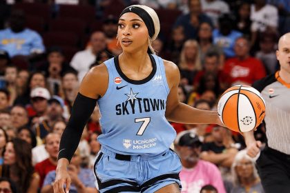 Chicago Sky guard DiJonai Carrington playing basketball during a WNBA game