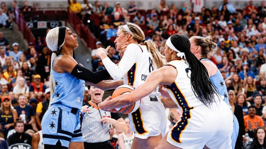 DiJonai Carrington and Sophie Cunningham clash during a WNBA game.