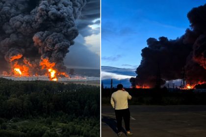 Smoke and flames following a drone attack near Moscow Russia