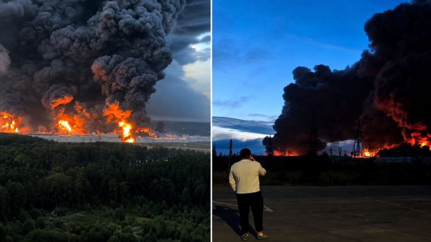 Smoke and flames following a drone attack near Moscow Russia
