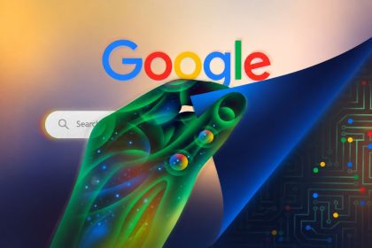 Editorial illustration featuring the Google logo, search interface, and AI-inspired digital graphics with circuit board elements.