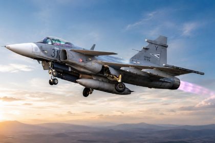 Hungarian Gripen fighter jet flying with afterburner.
