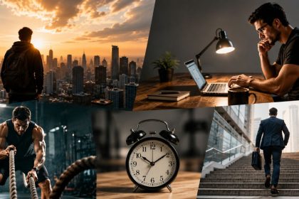 A cinematic collage representing hustle culture through work, fitness, ambition, discipline and career growth.