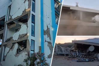 Damaged buildings after a magnitude 7.7 earthquake in Indonesia.