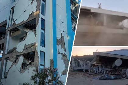 Damaged buildings after a magnitude 7.7 earthquake in Indonesia.