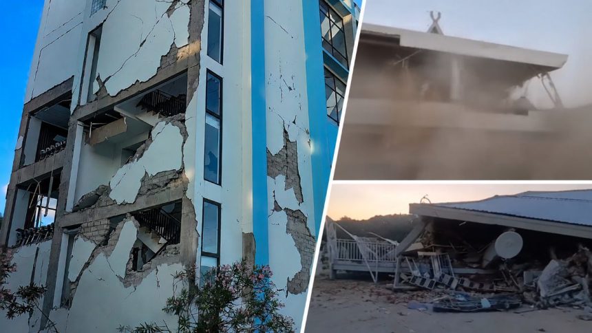 Damaged buildings after a magnitude 7.7 earthquake in Indonesia.