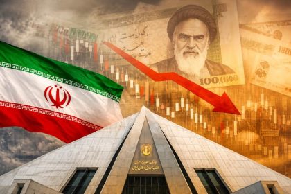 Iranian flag, currency and downward economic chart representing Iran’s economy.