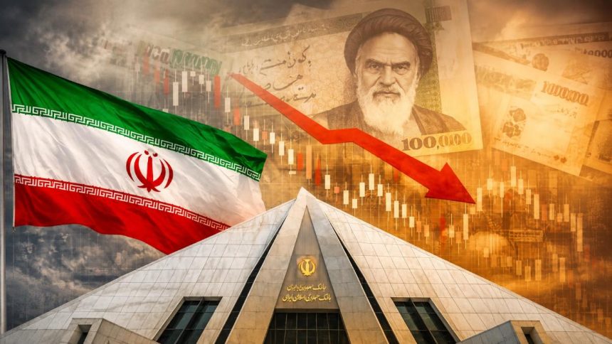 Iranian flag, currency and downward economic chart representing Iran’s economy.