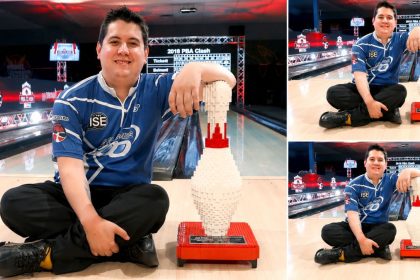 Jakob Butturff celebrates after winning the Professional Bowlers Association (PBA) Championship in 2019.