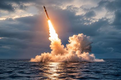 K-535 Yury Dolgoruky launches a Bulava ballistic missile in the Barents Sea.
