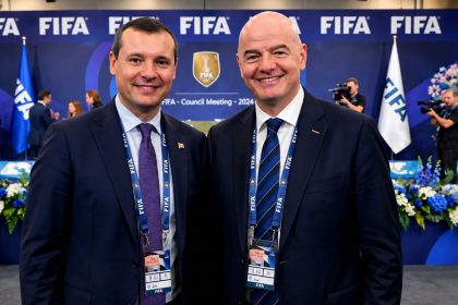 FIFA COO Kevin Lamour and President Gianni Infantino at a FIFA event