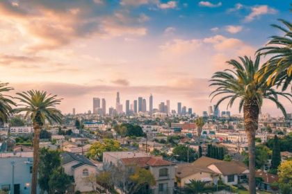 Los Angeles skyline with palm trees and residential homes.