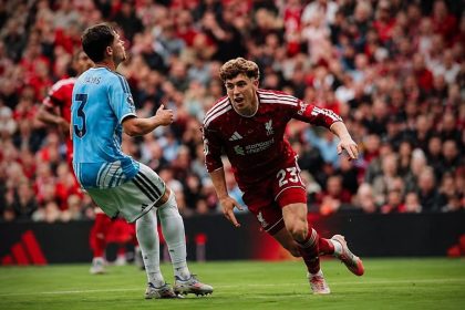 Liverpool’s M. Muñoz celebrates a goal against Nottingham Forest.