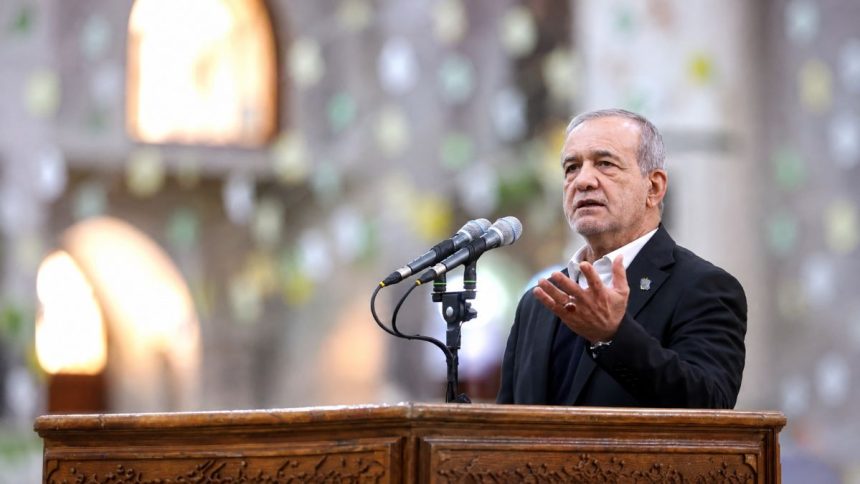 Iranian President Masoud Pezeshkian speaks at the tomb of Ayatollah Ruhollah Khomeini in Tehran during a cabinet visit on January 31, 2026. Image Credit: AFP File Photo