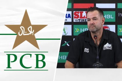 Pakistan Cricket Board (PCB) logo and former Multan Sultans head coach Michael Smith at a press conference.