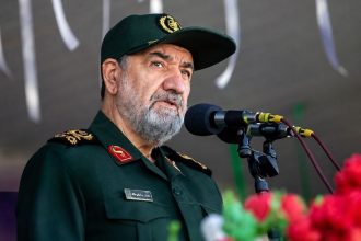 Mohsen Rezaei speaking at a public event in Iran