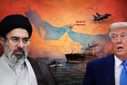 Iran's Supreme Leader Mojtaba Khamenei and U.S. President Donald Trump in an editorial graphic about the Strait of Hormuz and regional tensions.