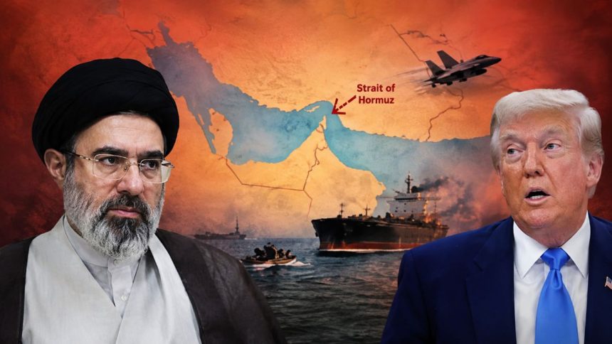 Iran's Supreme Leader Mojtaba Khamenei and U.S. President Donald Trump in an editorial graphic about the Strait of Hormuz and regional tensions.