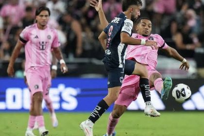 Yannick Bright of Inter Miami battles Diego Rossi of Monterrey during Leagues Cup match