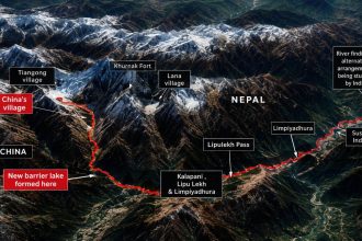 Map of Nepal showing a new barrier lake and river routes.