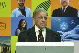 Prime Minister Shehbaz Sharif addresses the launch of Pakistan’s youth initiative.