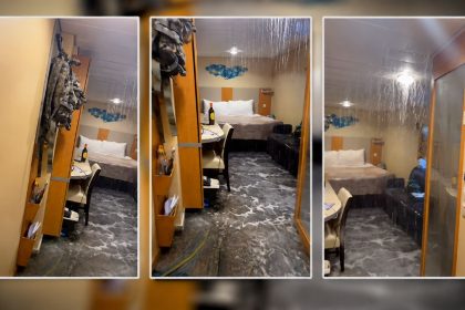 Editorial collage showing a flooded cabin aboard Royal Caribbean's Allure of the Seas, with water leaking through the ceiling after departing Basseterre, St. Kitts and Nevis. Image Credit: Screengrab / IG Video.
