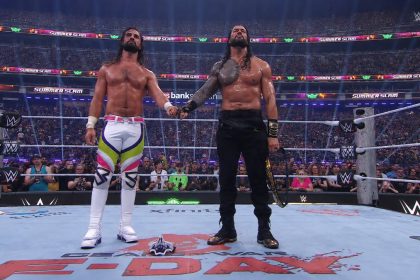 Seth Rollins and Roman Reigns perform the iconic Shield fist bump inside the WWE ring after their rivalry reaches its conclusion at SummerSlam.