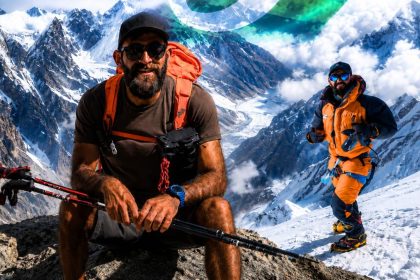 Pakistani climber Sohail Sakhi on a snow-covered mountain ridge.