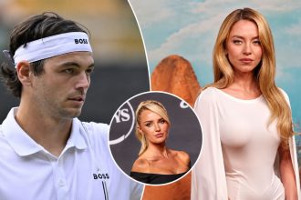 An editorial collage featuring Taylor Fritz at Wimbledon 2026 alongside Sydney Sweeney in a white dress with a flowing cape and jeweled belt, with Paige Spiranac posing on the red carpet at the 2026 ESPY Awards