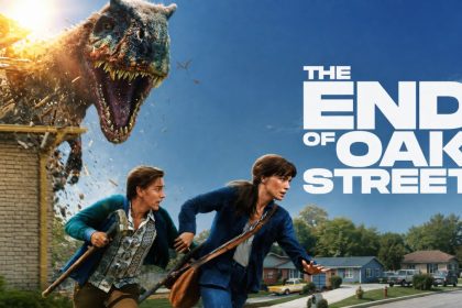 The End of Oak Street dinosaur chasing two people
