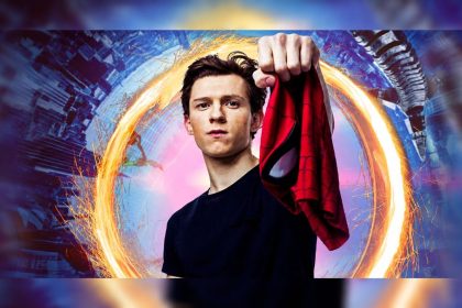 Tom Holland featured in the official Spider-Man: Far From Home promotional poster released by Marvel Studios.