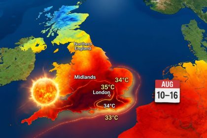 UK heatwave map showing temperatures up to 35°C across England