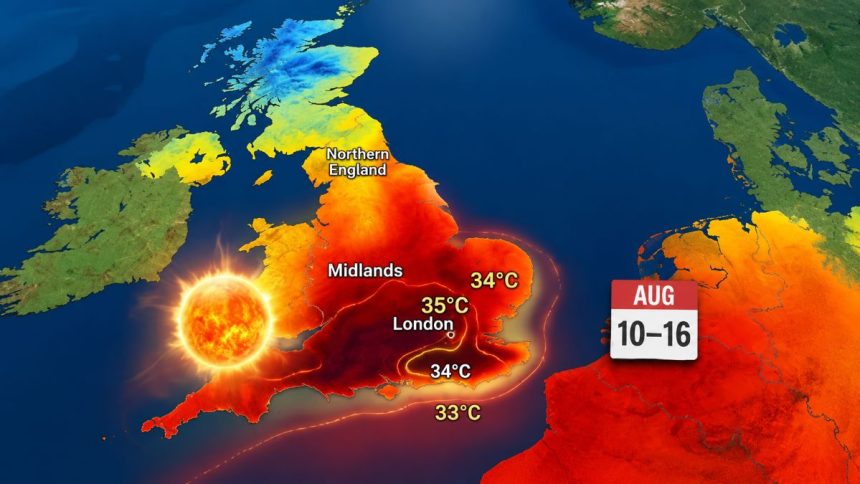 UK heatwave map showing temperatures up to 35°C across England