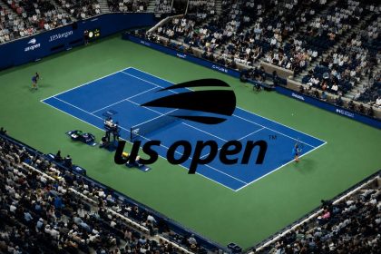 US Open tennis match on a blue hard court.