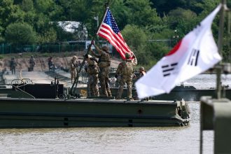 US and South Korean soldiers during a joint military drill on a river
