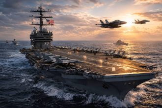 USS Abraham Lincoln aircraft carrier with fighter jets at sea.