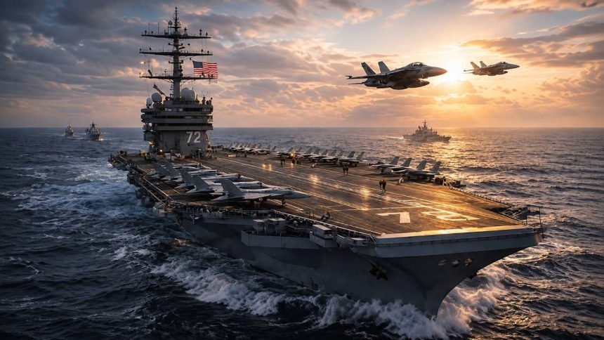 USS Abraham Lincoln aircraft carrier with fighter jets at sea.