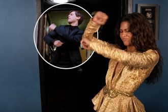 Zendaya recreating Tobey Maguire’s famous Spider-Man 3 dance in a side-by-side editorial image.