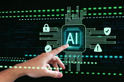 AI safety concept with a hand touching a secure artificial intelligence chip